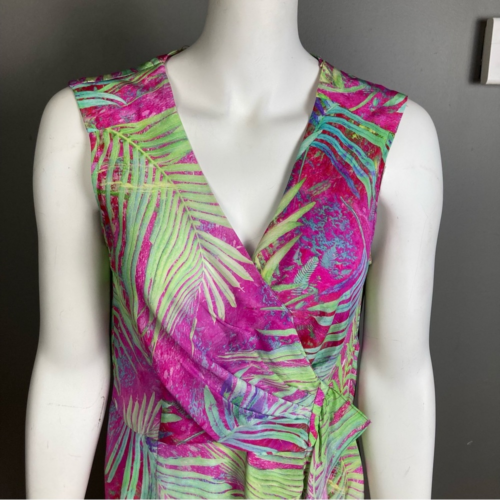 Nanette Lepore Silk Tropical Dress Sleeveless Pink Fern Print Faux Wrap Size 12 View 6